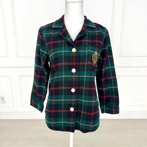 Chaps Womens Pajama Set Green Tartan Plaid Flannel Cotton Button Front Medium‎